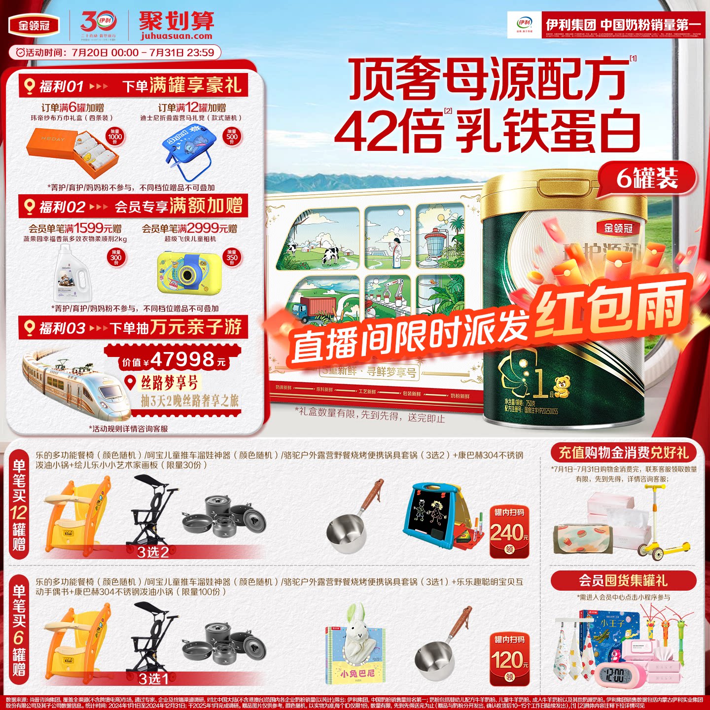 【顶奢新品】伊利金领冠珍护源初1段0-6个月婴儿奶粉750g*6