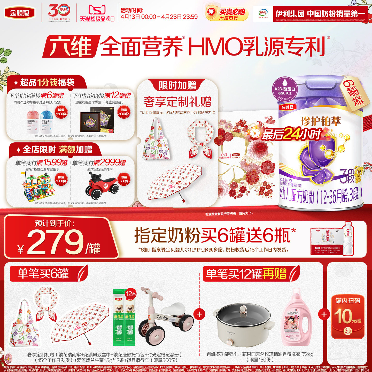 【HMO升级】新鲜-伊利金领冠珍护铂萃3段婴幼儿1-3岁牛奶粉750g*6