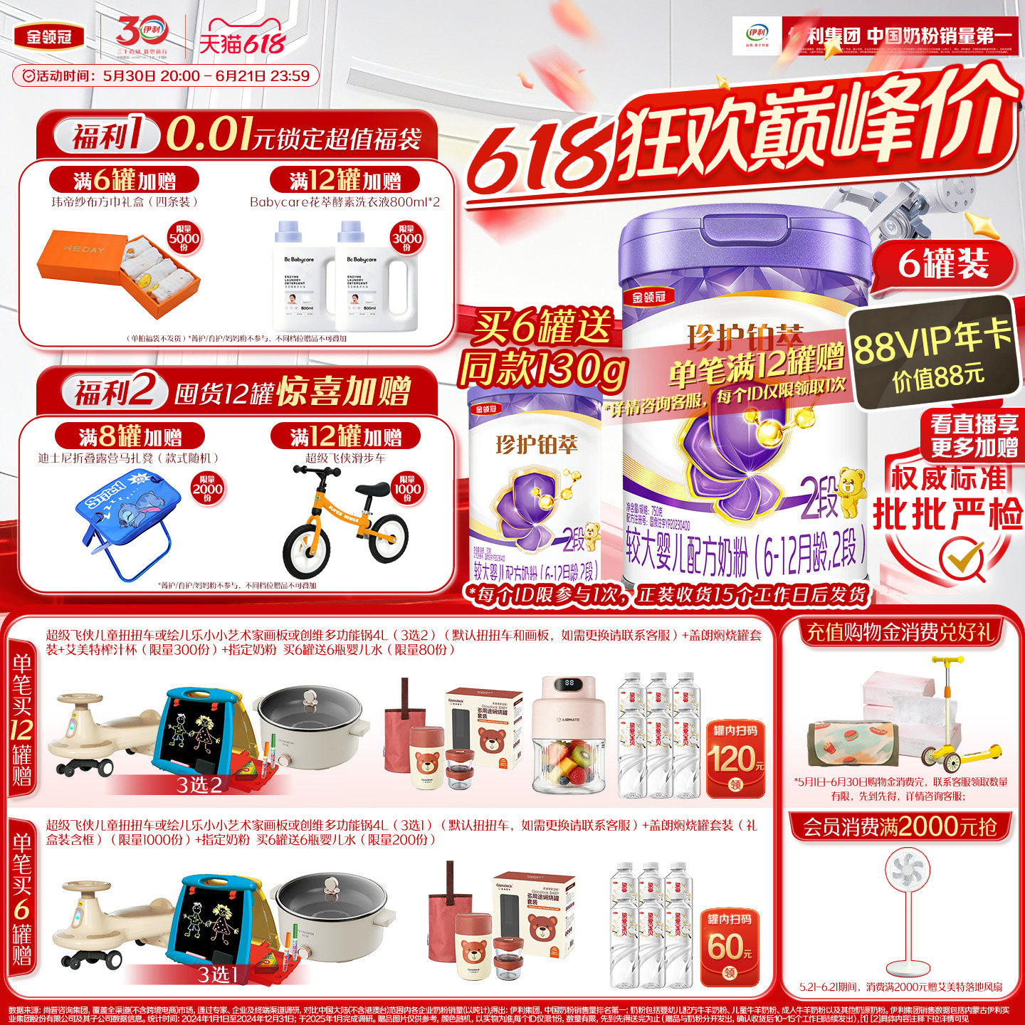 【乳源HMO】新鲜-伊利金领冠珍护铂萃2段6-12个月婴幼儿奶粉750g