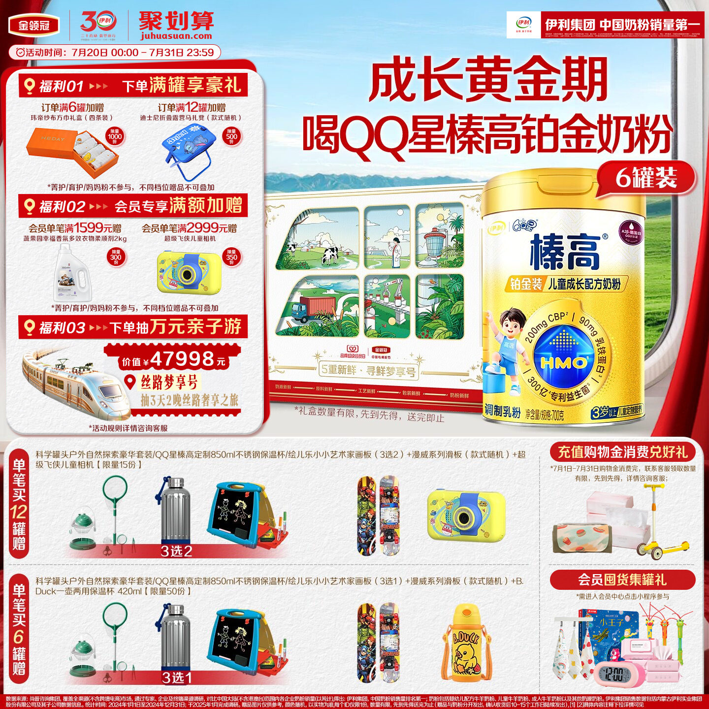 伊利QQ星榛高铂金装CBP3岁以上儿童高钙成长牛奶粉700g*6罐