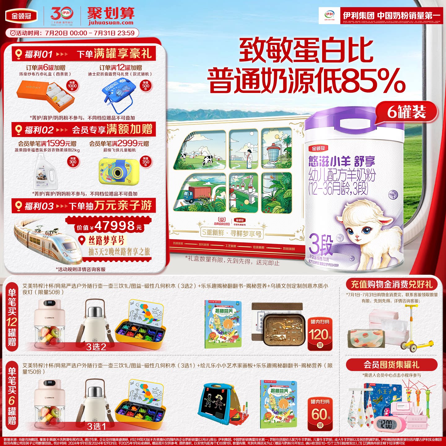 伊利金领冠悠滋小羊舒享3段低敏好吸收700g*6罐装婴幼儿羊奶粉