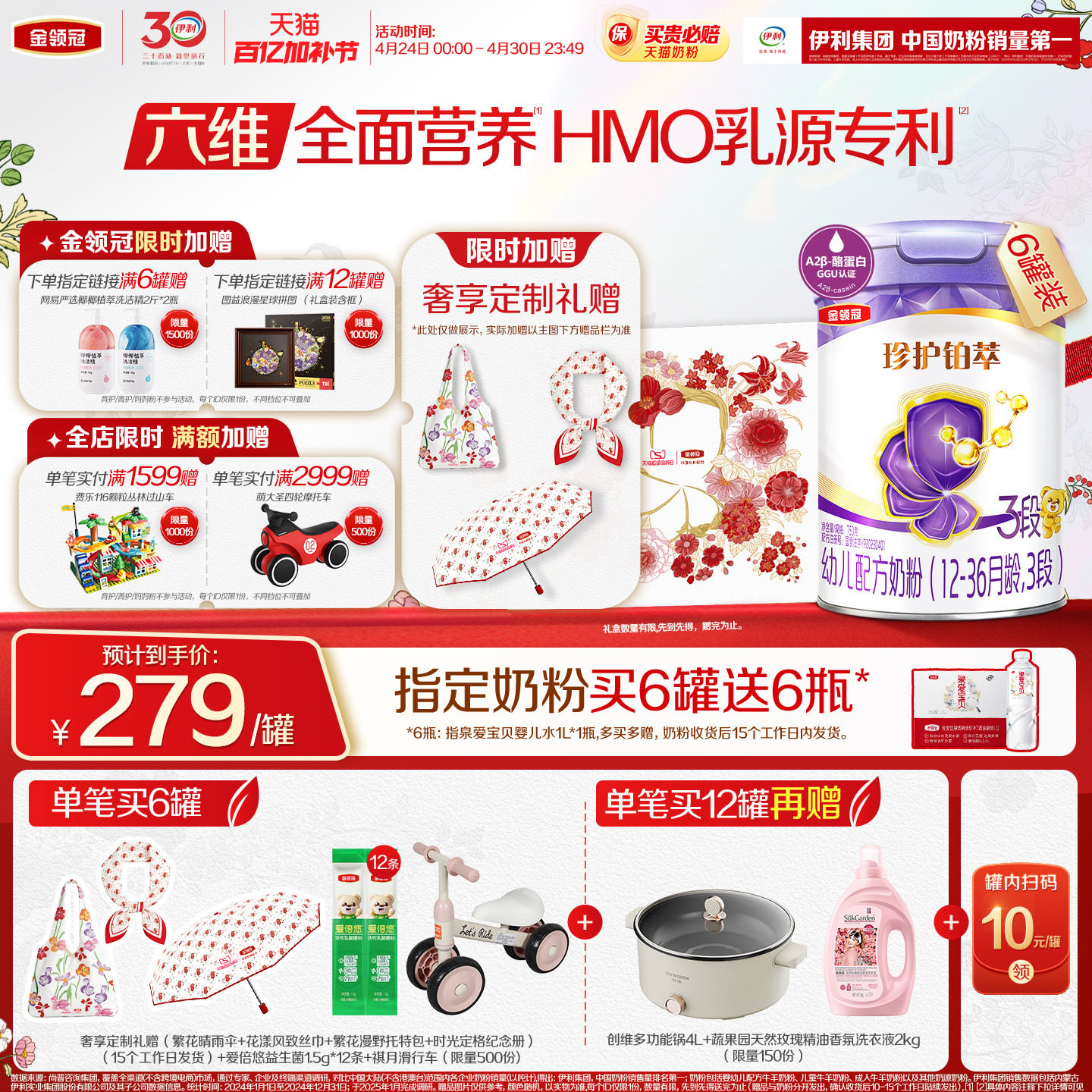 【HMO升级】新鲜-伊利金领冠珍护铂萃3段婴幼儿1-3岁牛奶粉750g*6