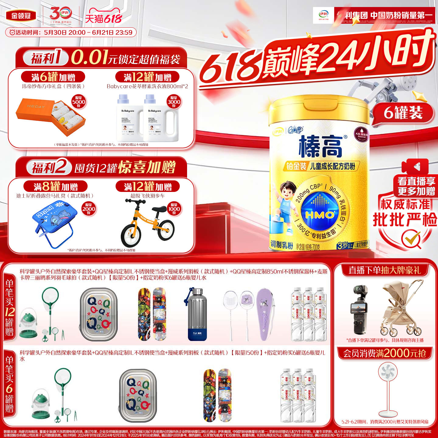 伊利QQ星榛高铂金装CBP3岁以上儿童高钙成长牛奶粉700g*6罐