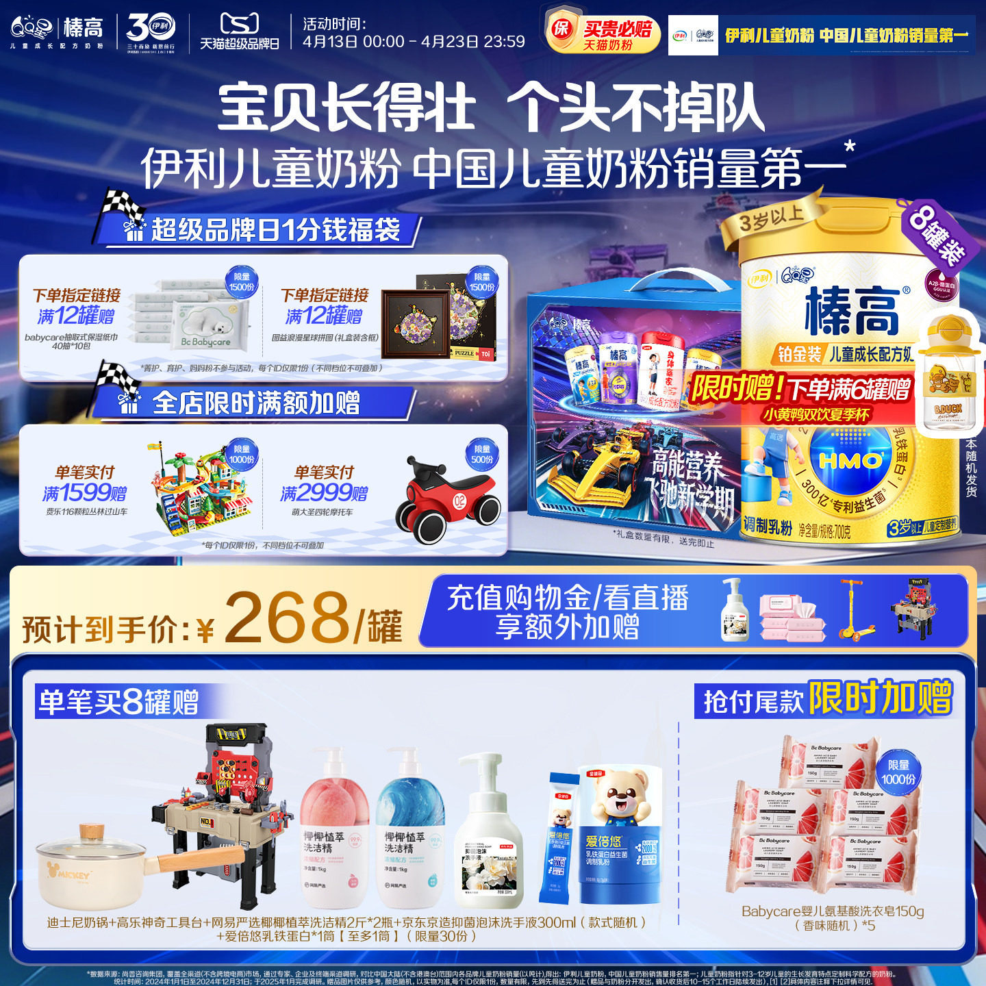 伊利QQ星榛高铂金装生牛乳CBP儿童高钙牛奶粉700g*8