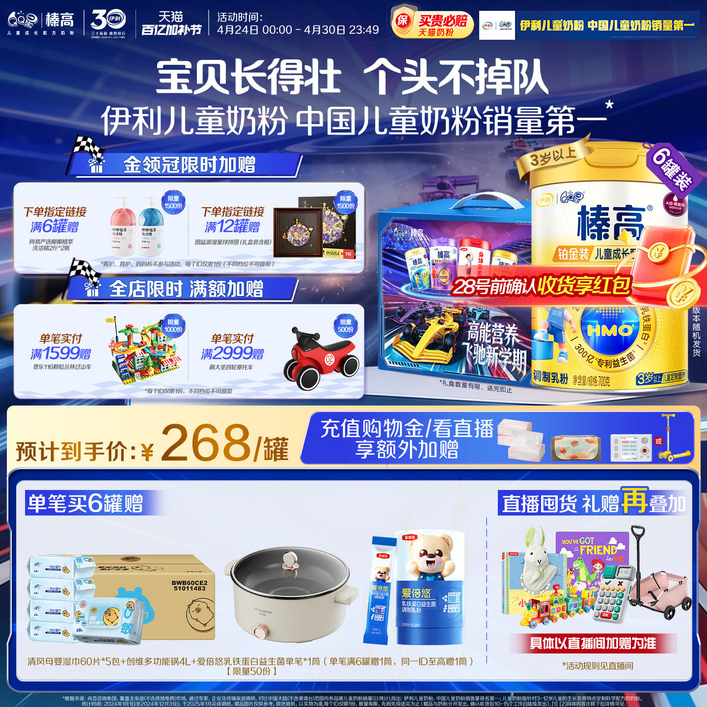 伊利QQ星榛高铂金装CBP3岁以上儿童高钙成长牛奶粉700g*6罐