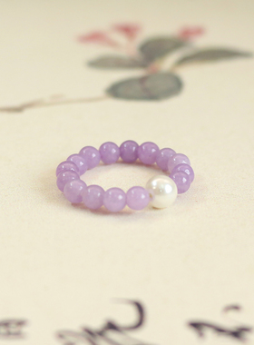 天然白贝珠紫玉髓戒指女叠戴大码胖手指食指搭配黄金新中式手串