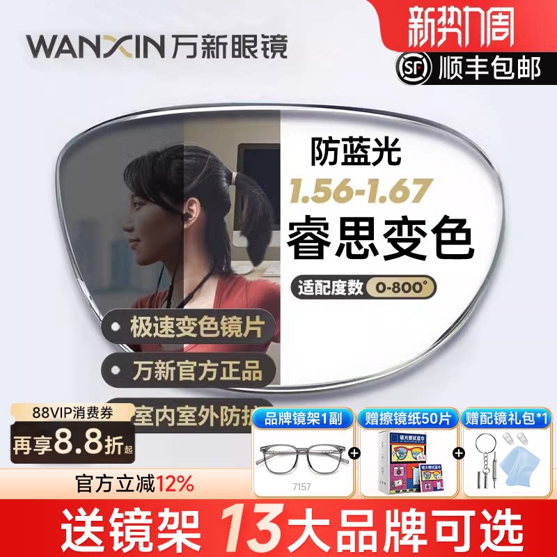 万新睿思变色防蓝光镜片近视智能变灰色1.67高度数定制近视镜片