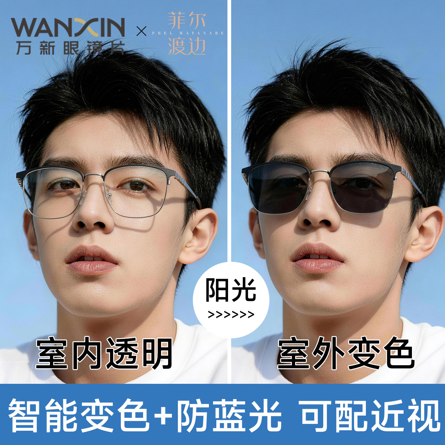 万新感光自动变色近视眼镜男士