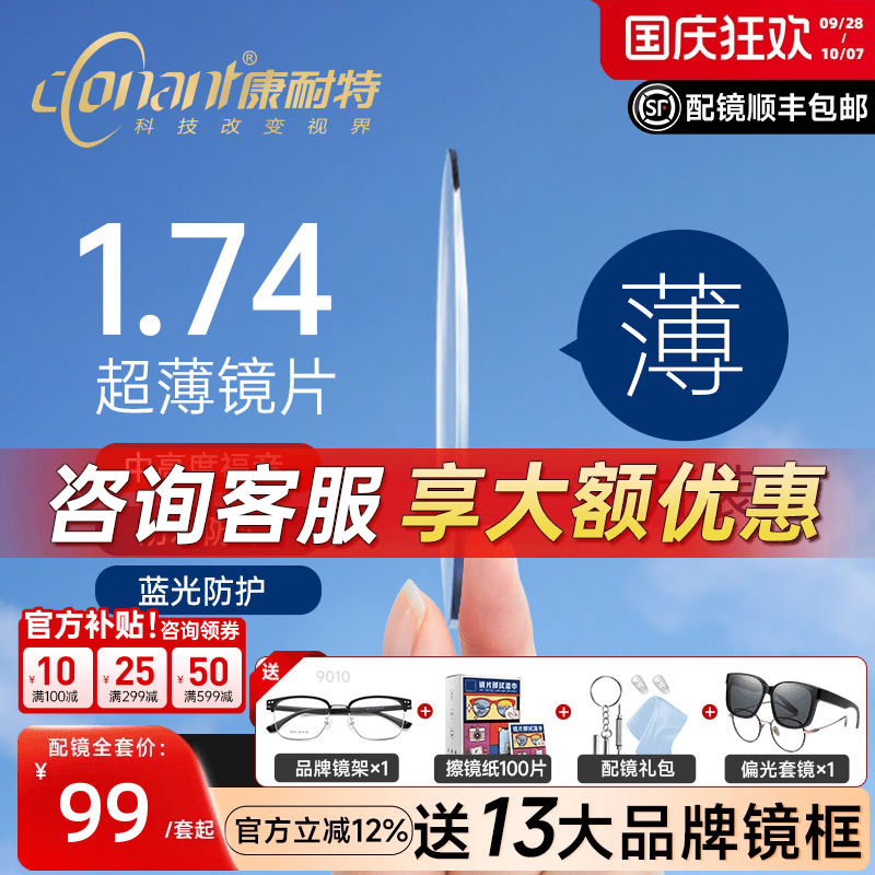康耐特镜片超薄1.74非球面高度近视防蓝光fix双非双曲面配眼镜片