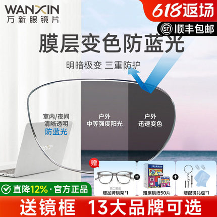 万新镜片防蓝光变色眼镜近视自动感光变灰色配镜树脂有度数男款女