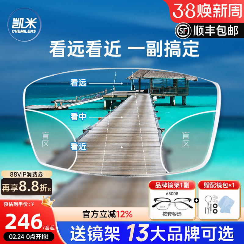 韩国凯米内渐进多焦点眼镜片U6防蓝光看远看近两用薄远视老花镜片