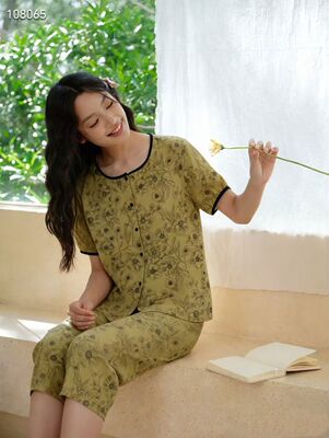 花可儿春夏新款女士纯棉圆领开衫短袖七分裤睡衣套装家居服12398