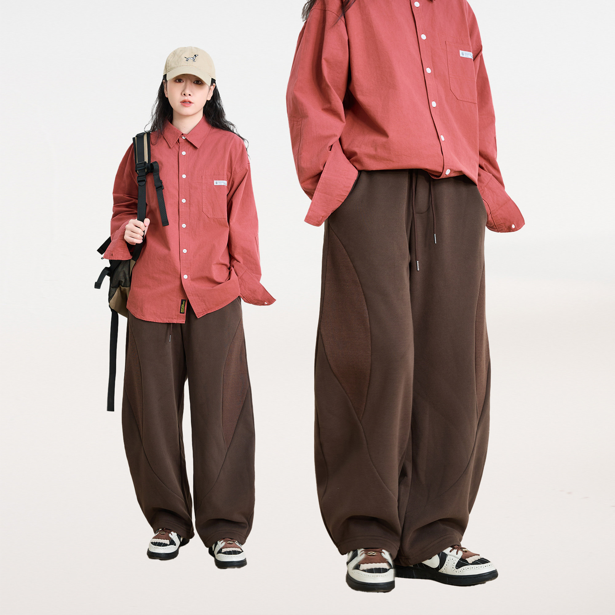 秋冬加厚加绒复古运动风咖色阔腿卫裤男女宽松显瘦休闲长裤弯刀裤,女装/女士精品,卫裤,淘宝优惠券,粉丝福利购,淘宝优惠卷