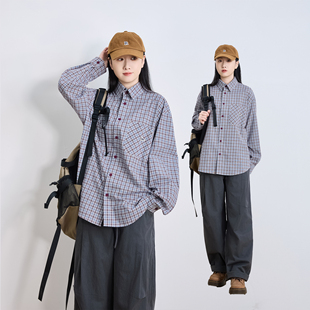日系复古风细格子撞色衬衫男女长袖宽松慵懒风百搭休闲衬衣外套潮