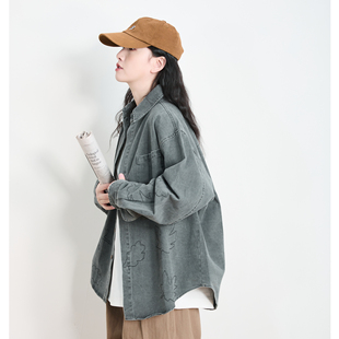 春秋水洗做旧复古休闲枫叶刺绣工装衬衫男女长袖宽松高级感衬衣潮