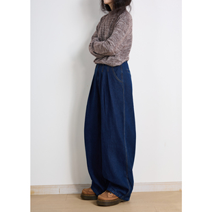 日系复古阔腿牛仔裤 深蓝色显瘦老钱风学院风原创潮 女宽松直筒长裤