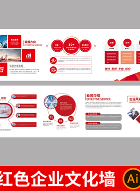 红色大气企业品牌文化墙模板公司简介文化理念背景墙AI设计素材