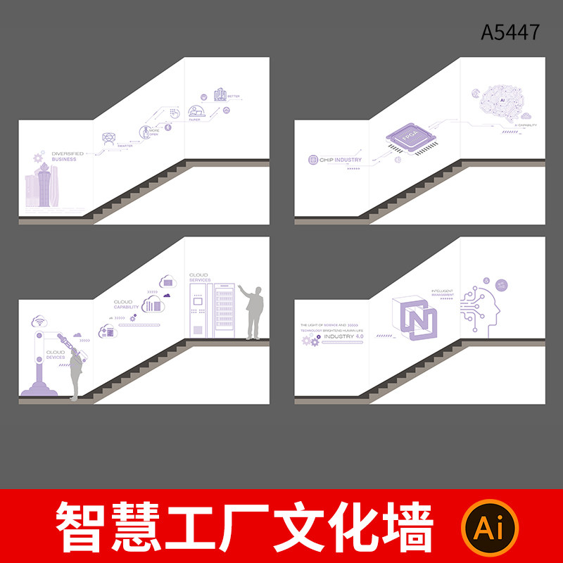 智慧工厂科技企业楼梯间文化墙AI科技背景墙si设计素材文件模板图片