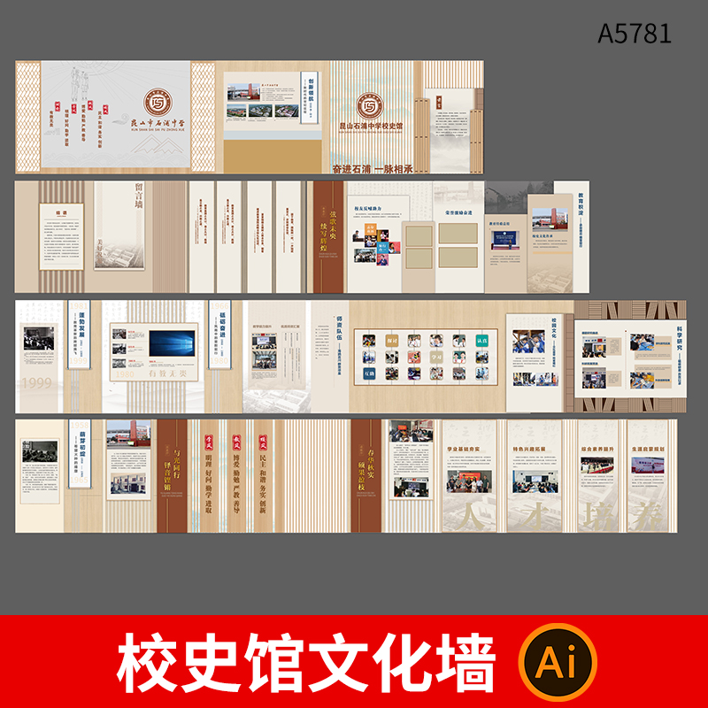 校史馆展馆文化墙模板学校简介文化理念展厅背景墙照片墙AI素材
