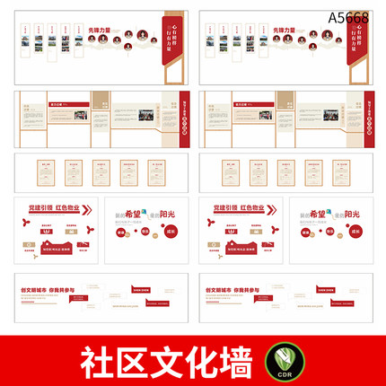 先锋力量社区文化墙照片墙文明社区宣传栏板报CDR设计素材模板