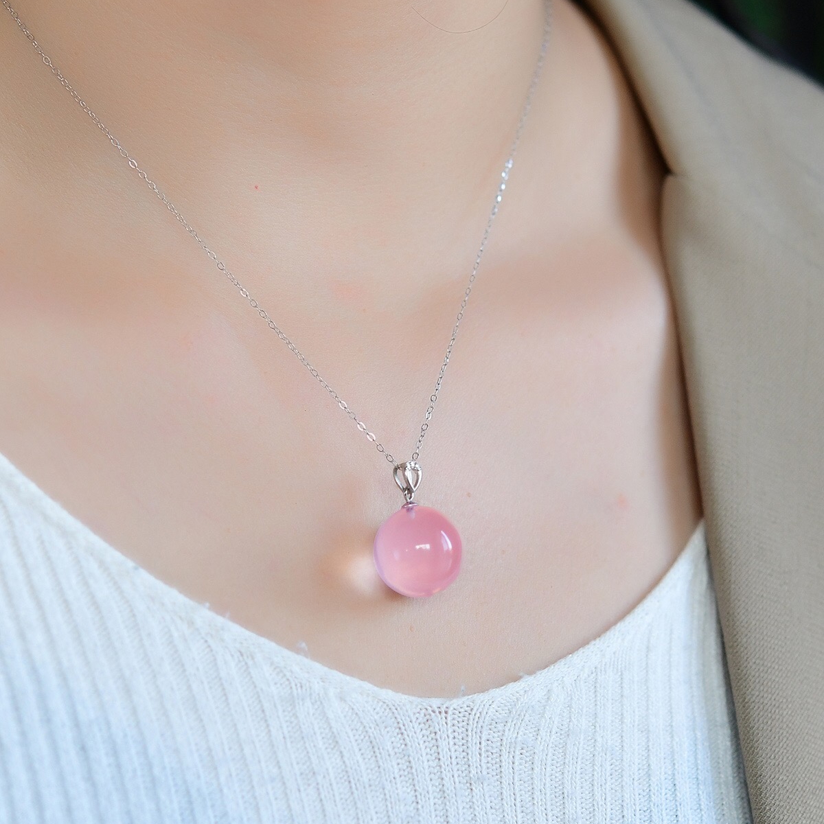 天然星光粉晶圆珠吊坠纯银项链