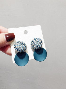 韩国风少女心撞色毛线编织千鸟格子纽扣金属圆形S925银针耳钉耳坠