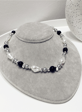 不规则方块仿珍珠黑色串珠项链