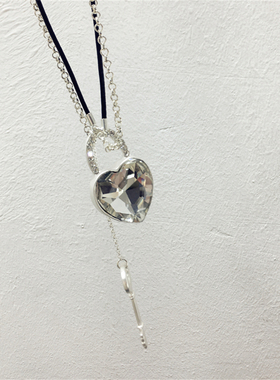 高级感简约气质百搭镶钻爱心桃心形流苏钥匙双层黑绳项链毛衣链饰