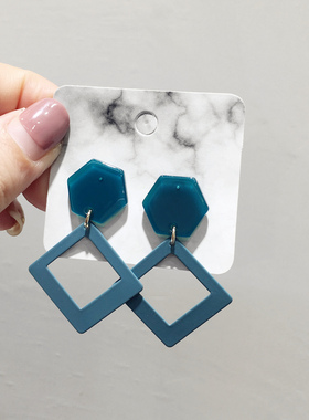 韩国风新款复古气质蓝色亚克力圆形金属棱形几何耳钉 网红耳坠饰