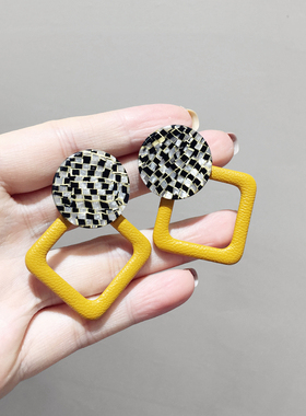 韩国风新个性时尚PU棱形几何耳钉 百搭大理石亚克力S925银针耳坠