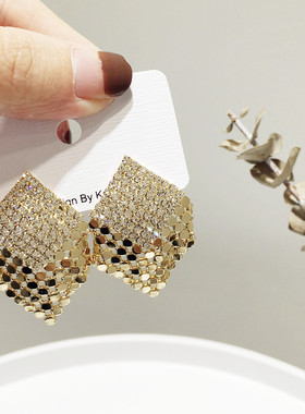 韩国气质优雅轻奢风超闪镶钻亮片正方形几何S925银针耳钉耳坠饰品