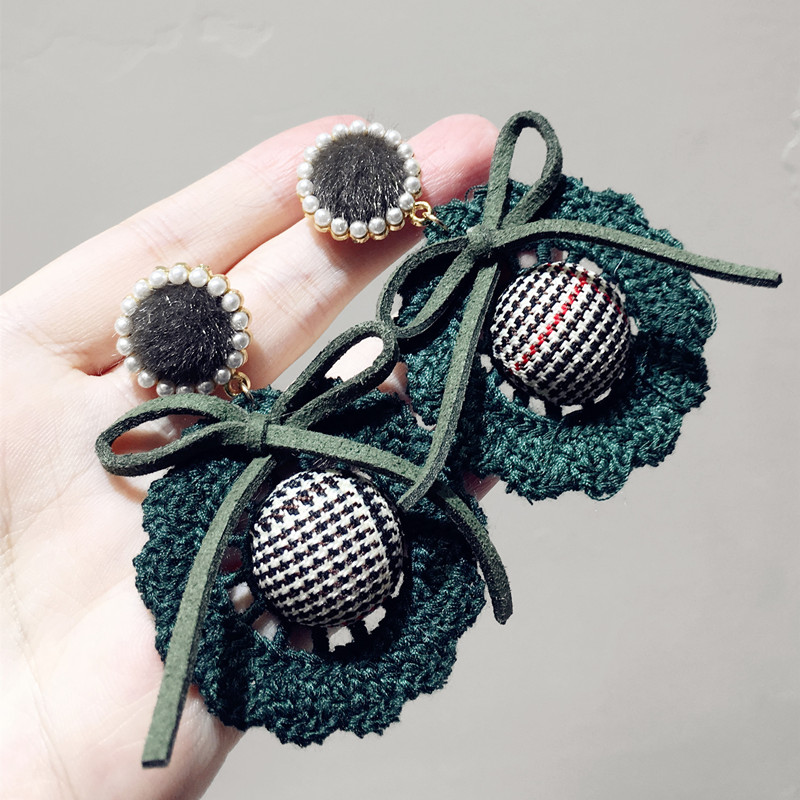 韩国秋冬新气质夸张毛线编织花朵大圆形耳钉 蝴蝶结格子纽扣耳环