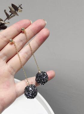 气质长款百搭超闪水钻满钻圆球S925银针耳环 网红显瘦流苏配饰品