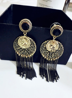 韩国东大门新款复古夸张黑色半宝石圆形多层次流苏耳环度假风耳钉