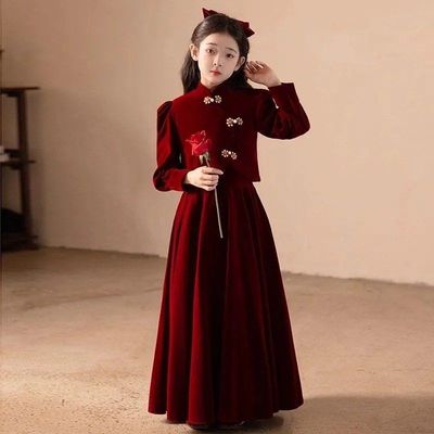 女童红色礼服连衣裙秋冬装新款中大童过年服裙子时尚新中式公主裙