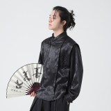 秋新中式风立领竹叶缎面盘扣休闲衬衫男女衬衣上衣C526P75，男装衬衫，钱塘788(原4013)