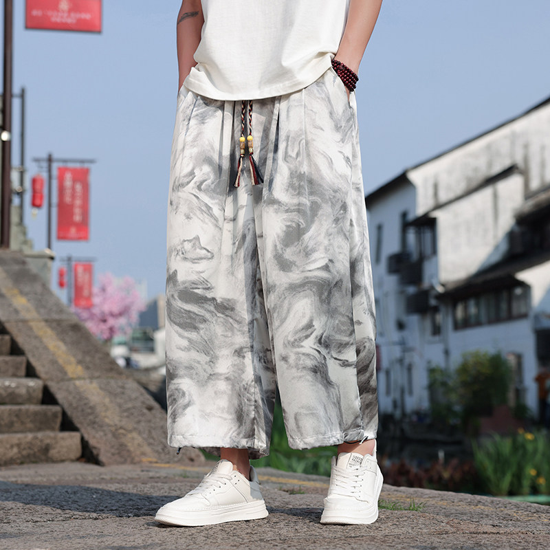 新中式冰丝裤男夏季风潮休闲裤宽松束脚哈伦阔腿裤M168P45,男装休闲裤,钱塘788(原4013)