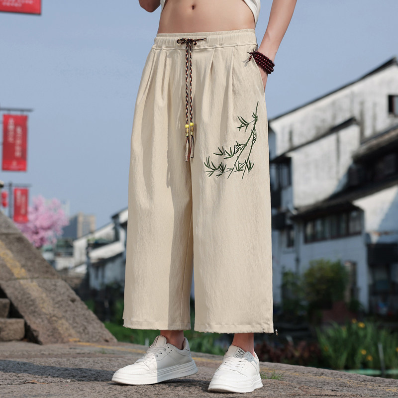 休闲裤男风刺绣新中式夏季宽松裙裤阔腿裤九分裤男M162P45,男装休闲裤,钱塘788(原4013)