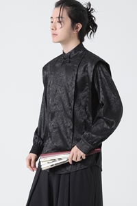 新中式潮风缎面立领盘扣休闲情侣长袖衬衫男女衬衣 C525 P65图片