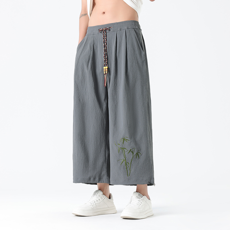 新中式风夏薄竹叶刺绣阔腿裤唐装男宽松九分哈伦裤M163P45，男装民族服装，钱塘788(原4013)
