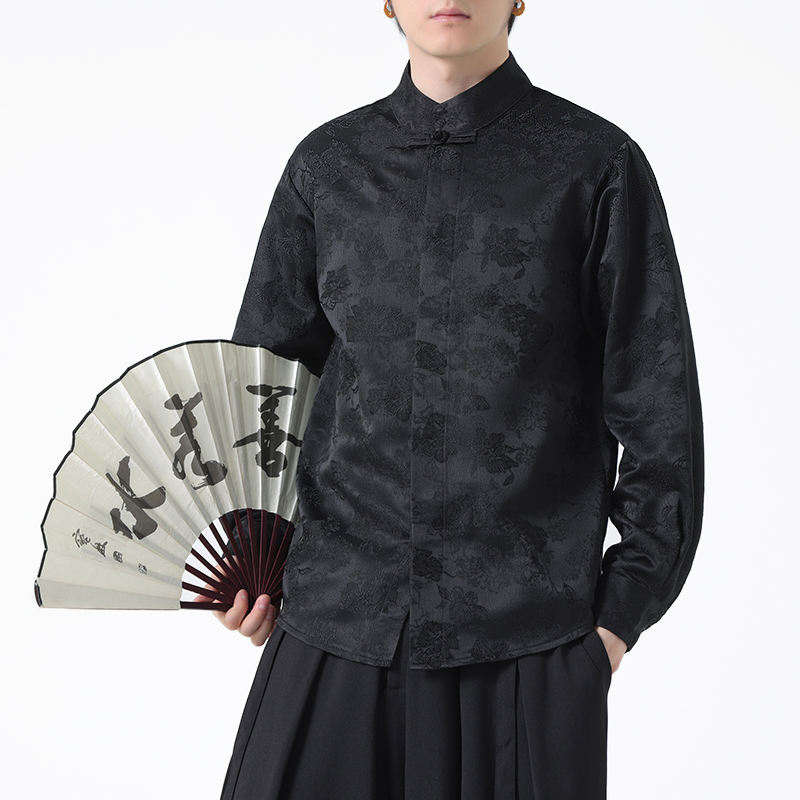 秋装新中式风提花复古立领休闲盘扣长袖衬衫男衬衣C522P58，男装衬衫，钱塘788(原4013)