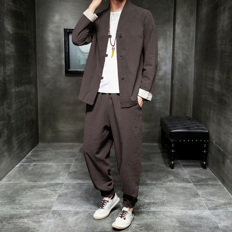 新中式风男装盘扣外套秋居士服茶服汉服唐装套装男A821P110,男装休闲套装,钱塘788(原4013)