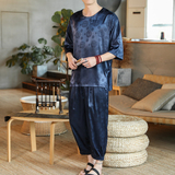 新中式风夏季套装冰丝短袖T恤休闲裤汉服运动套装A823P75，男装休闲裤，钱塘788(原4013)