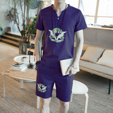新中式夏季套装男风棉麻料大码刺绣休闲短袖短裤套装A59P35，男装牛仔裤，钱塘788(原4013)