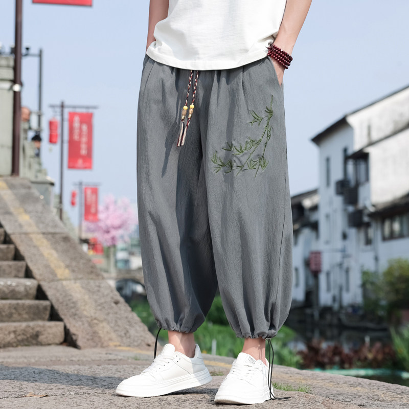 休闲裤男风刺绣新中式夏季宽松裙裤阔腿裤九分裤男M162P45,男装休闲裤,钱塘788(原4013)