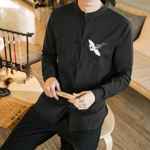 风春装大码棉麻料复古盘扣长袖衬衫男飞鹤刺绣衬衣 CS502 P55图片