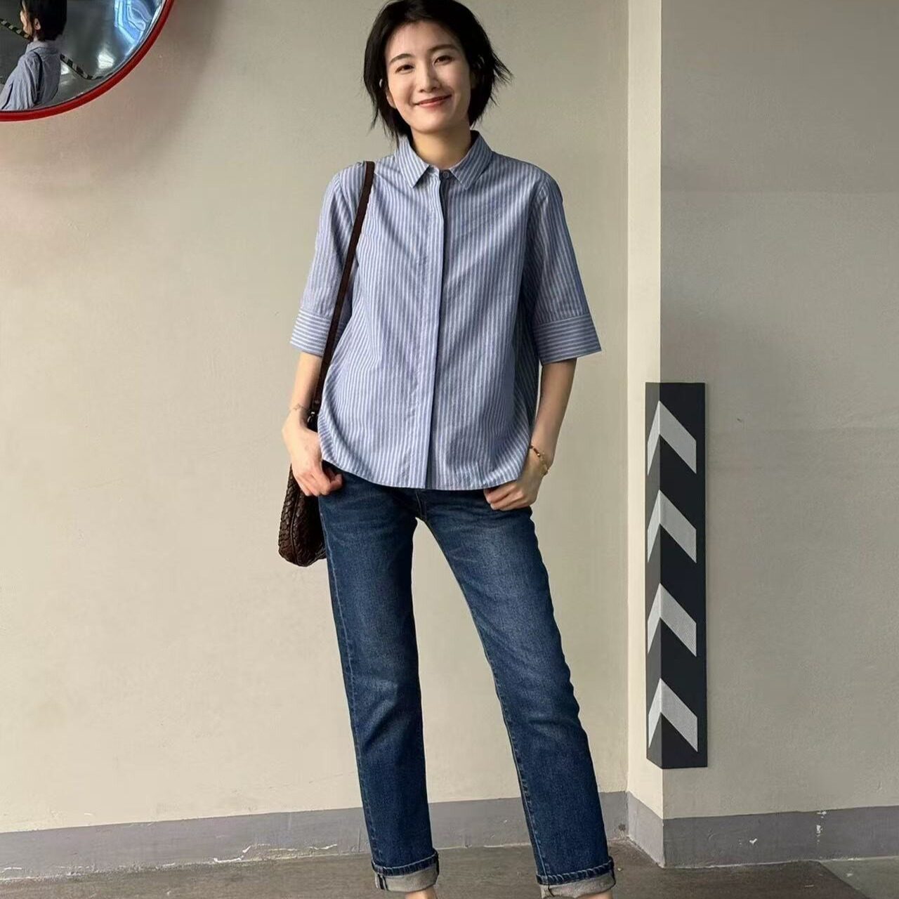 蓝色棉条纹短袖衬衫女2026新款夏季薄款翻领衬衣休闲上衣