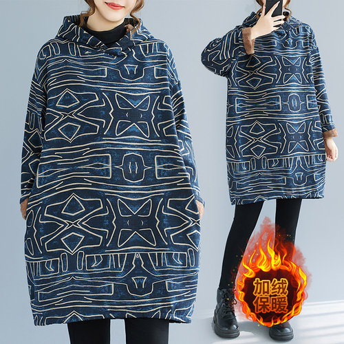 实拍大码原创新款棉麻印花连帽中长款宽松卫衣裙女加绒加厚