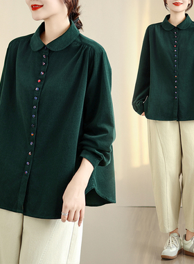 实拍复古深绿色灯芯绒衬衫女2025秋冬百搭宽松纯棉条绒上衣
