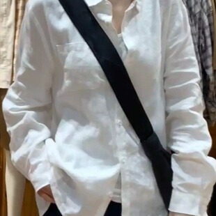 白色老钱风Polo领口袋衬衫女春夏亚麻棉麻防晒外套叠穿通勤风上衣
